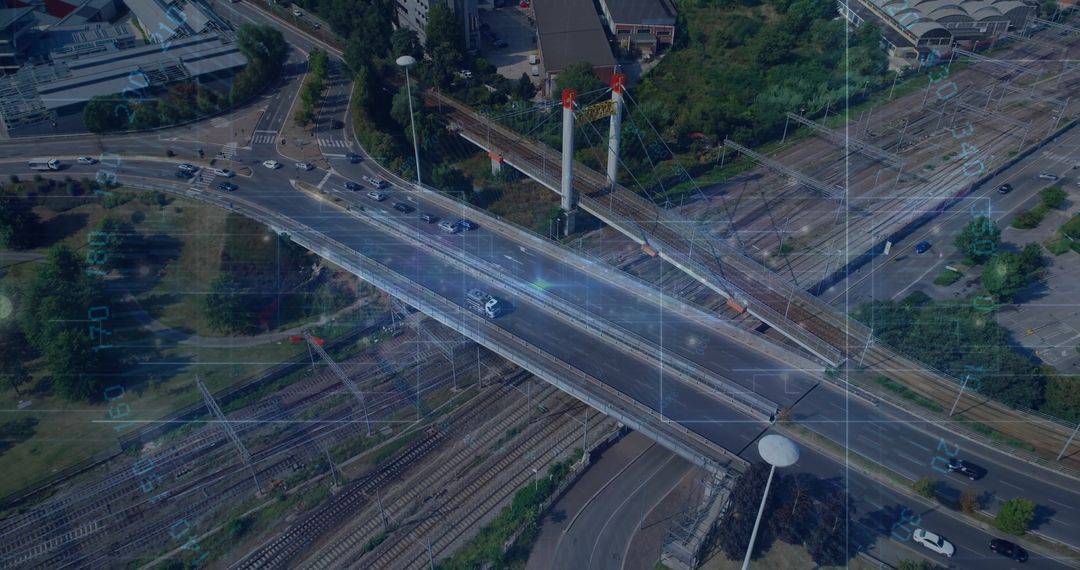 Aerial View of Urban Overpass with Digital Connectivity Overlay