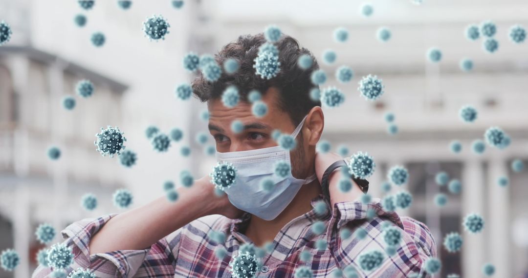 Man Adjusting Face Mask with Floating 3D Virus Particles