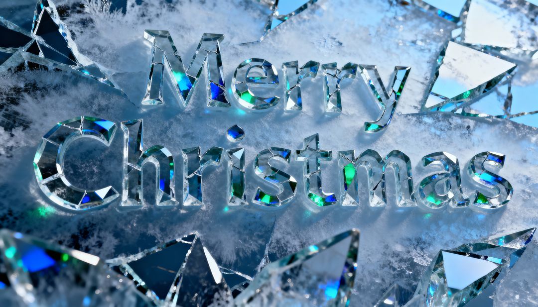 Glowing crystal letters forming Merry Christmas resting on frost reflecting teal shards