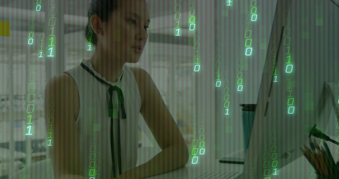 Mid Adult Woman Engaging in Digital Computing with Binary Overlay
