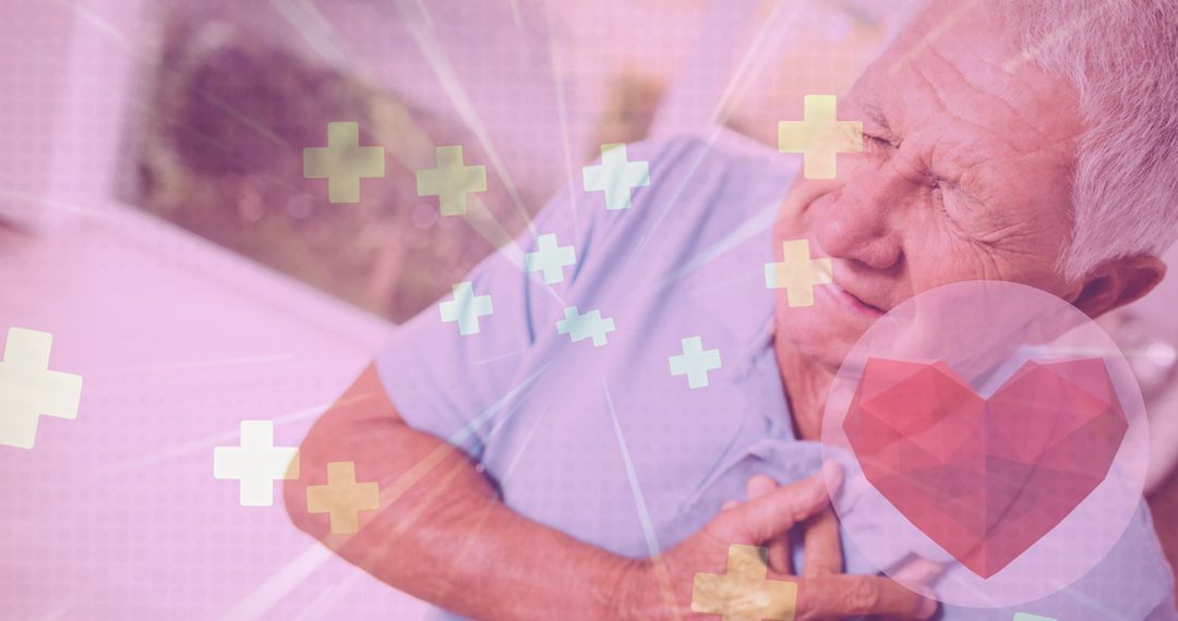 Elderly Man Experiencing Chest Pain with Medical Health Graphic Overlay - Free Images, Stock Photos and Pictures on Pikwizard.com