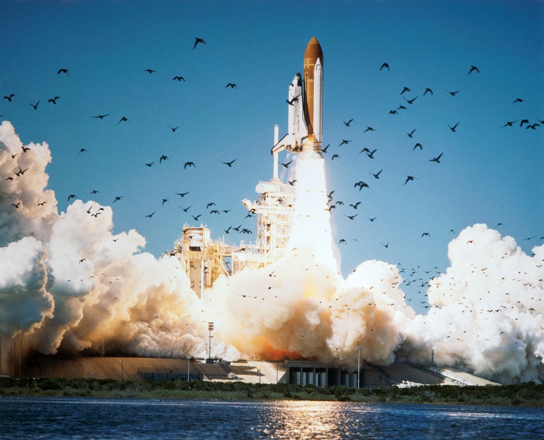 Space Shuttle Challenger Launch with Billowing Smoke and Flying Birds - Free Images, Stock Photos and Pictures on Pikwizard.com