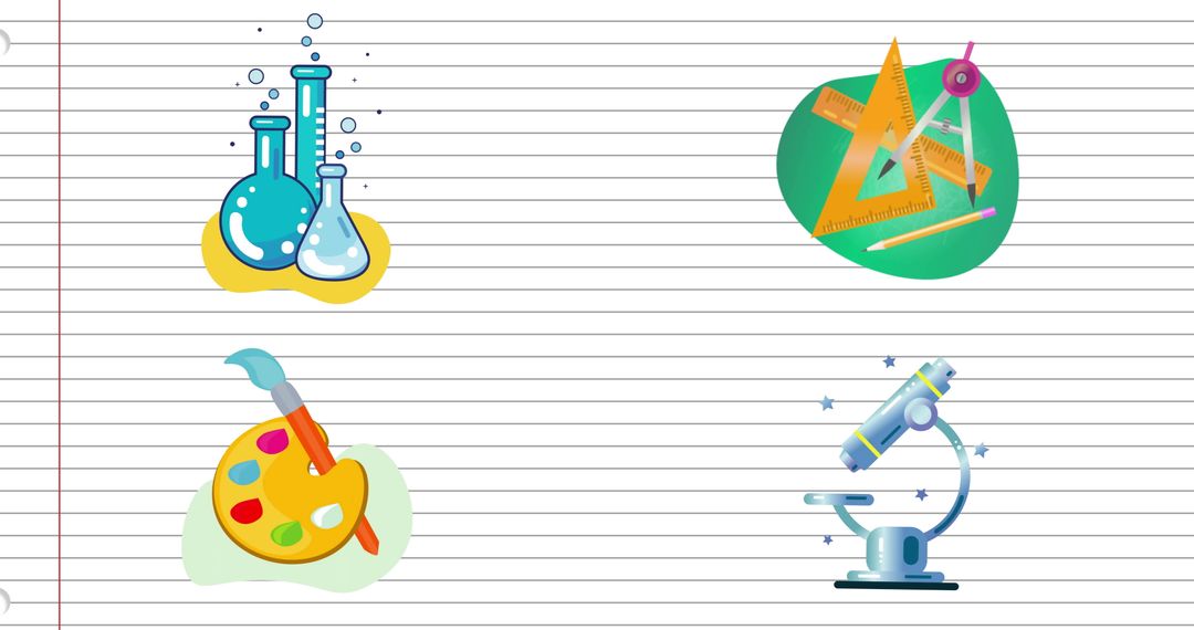 Educational Subject Icons on Lined Notebook Background