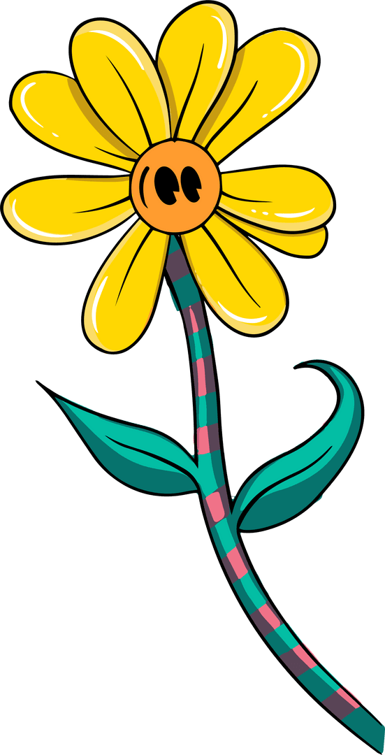Vibrant Flat Design Yellow Flower with Striped Stem on Transparent Background