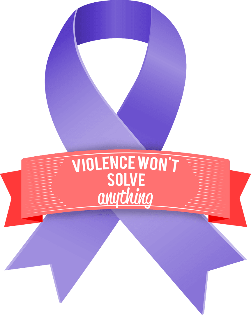 Purple Ribbon with Anti-Violence Message on Transparent Background