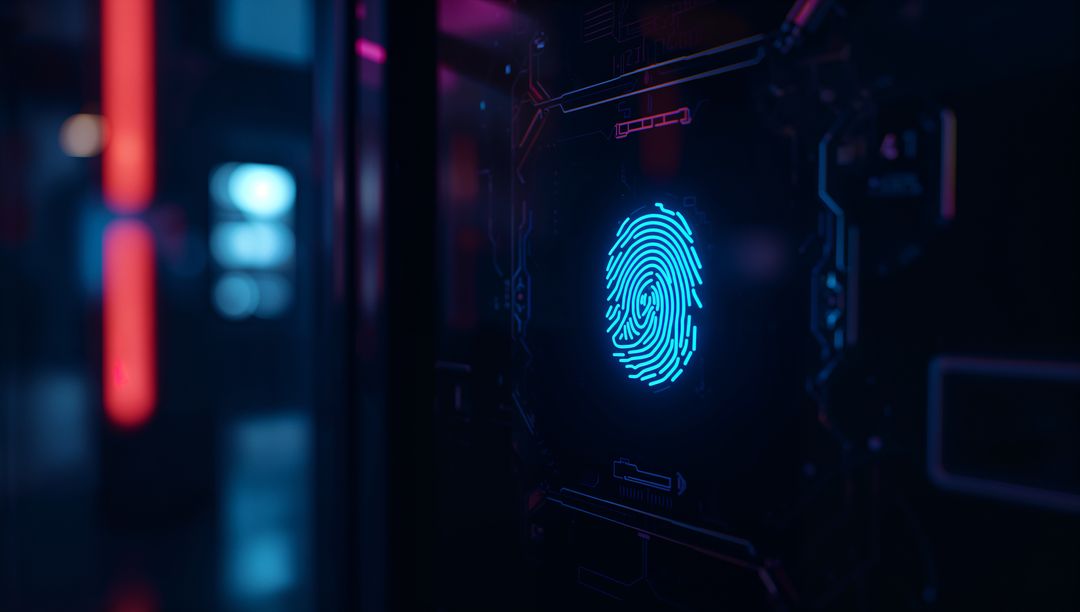 Futuristic Fingerprint Security Interface in Neon-Lit Server Room