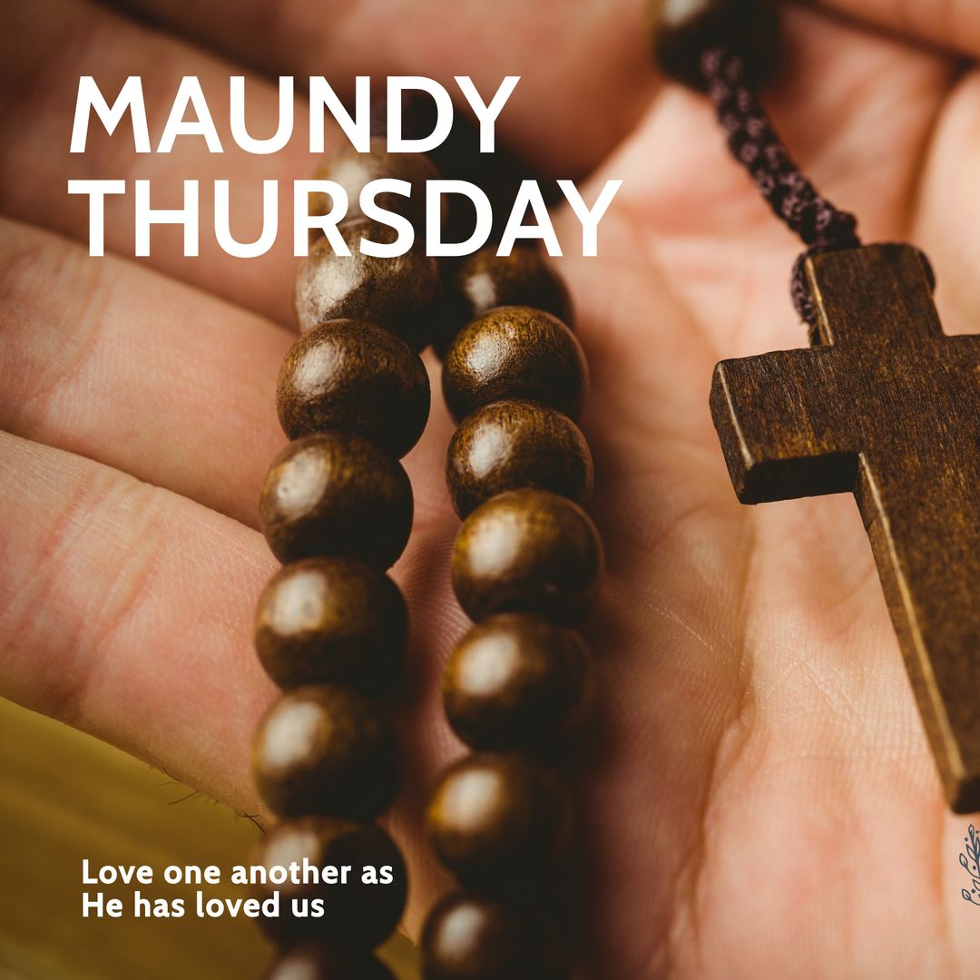 Hand Holding Rosary Beads with Maundy Thursday Text