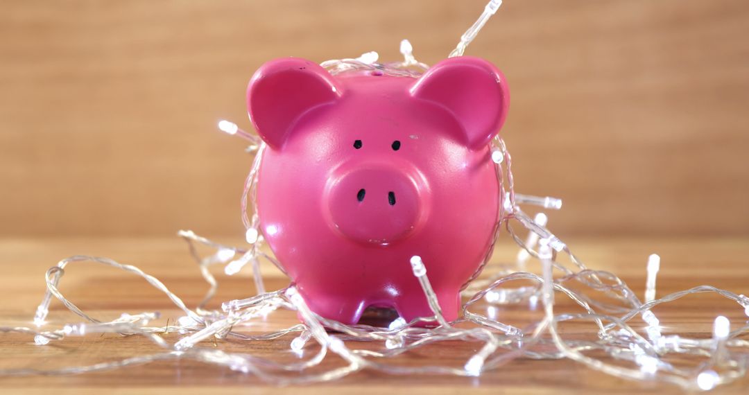 Piggy Bank Wrapped in Holiday Fairy Lights on Wooden Surface - Free Images, Stock Photos and Pictures on Pikwizard.com