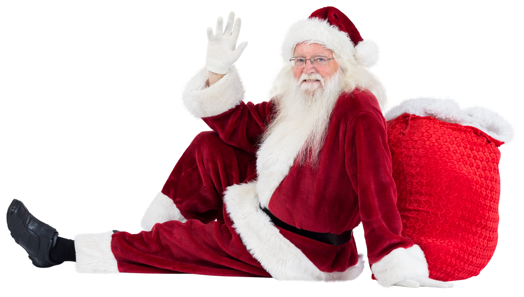 Transparent Santa Claus Draped Against Gift Bag While Waving Hello - Download Free Stock Images Pikwizard.com