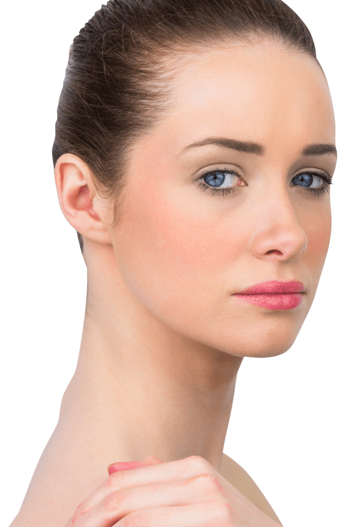 Transparent Portrait of Smiling Brunette Woman with Subtle Makeup