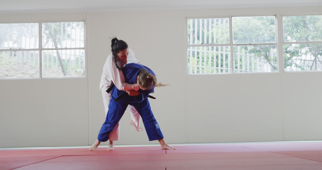 Women Practicing Judo on Red Tatami in Bright Room - Free Images, Stock Photos and Pictures on Pikwizard.com