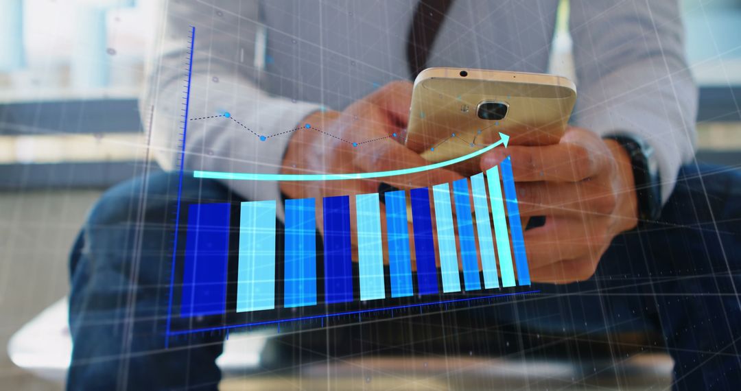 Businessman Analyzing Data with Smartphone and Digital Graph