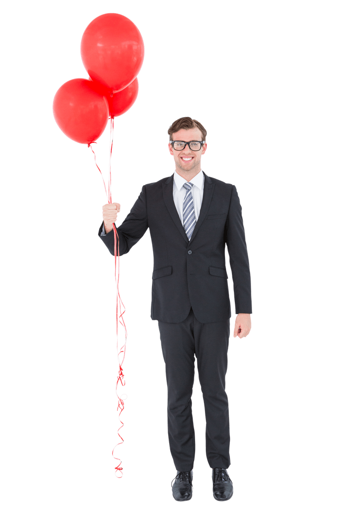 Smiling Businessman in Suit Holding Red Balloons Transparent Background