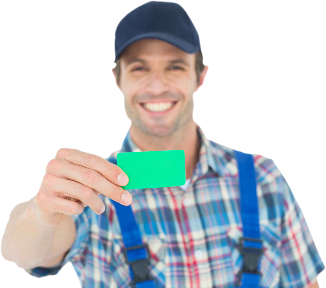 Transparent Smiling Craftsman Holding Blank Green Card - Download Free Stock Images Pikwizard.com