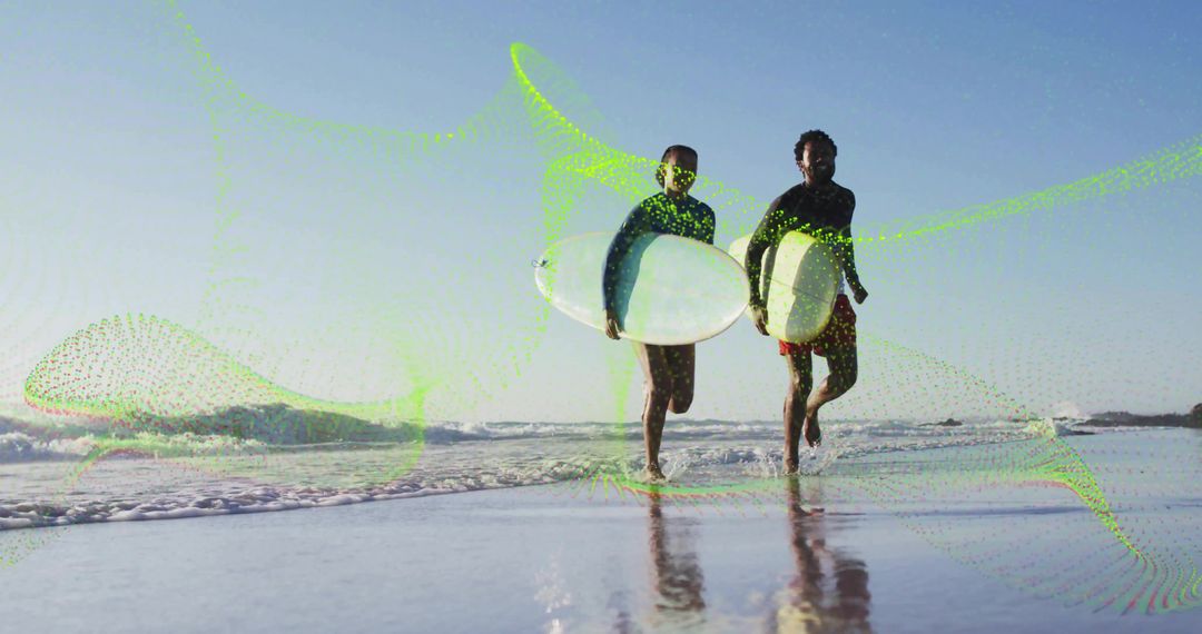 Surfers Carrying Boards on Vibrant Beach