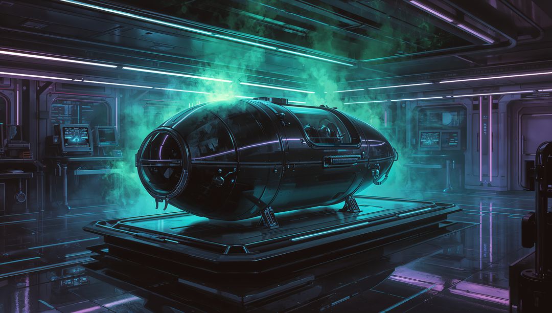 Cryogenic Metallic Pod Emitting Teal Vapor in Futuristic Spaceship Bay with Neon Consoles