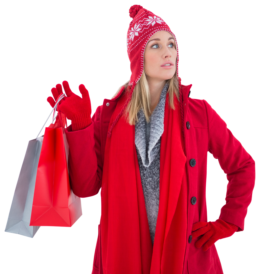 Stylish Blonde in Red Winter Attire Holding Transparent Shopping Bags - Download Free Stock Images Pikwizard.com