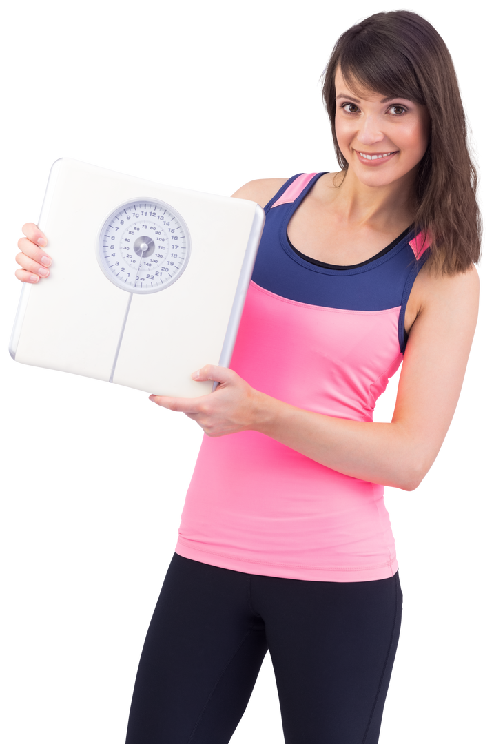 Transparent Smiling Woman in Activewear Holding Weighing Scales - Download Free Stock Images Pikwizard.com