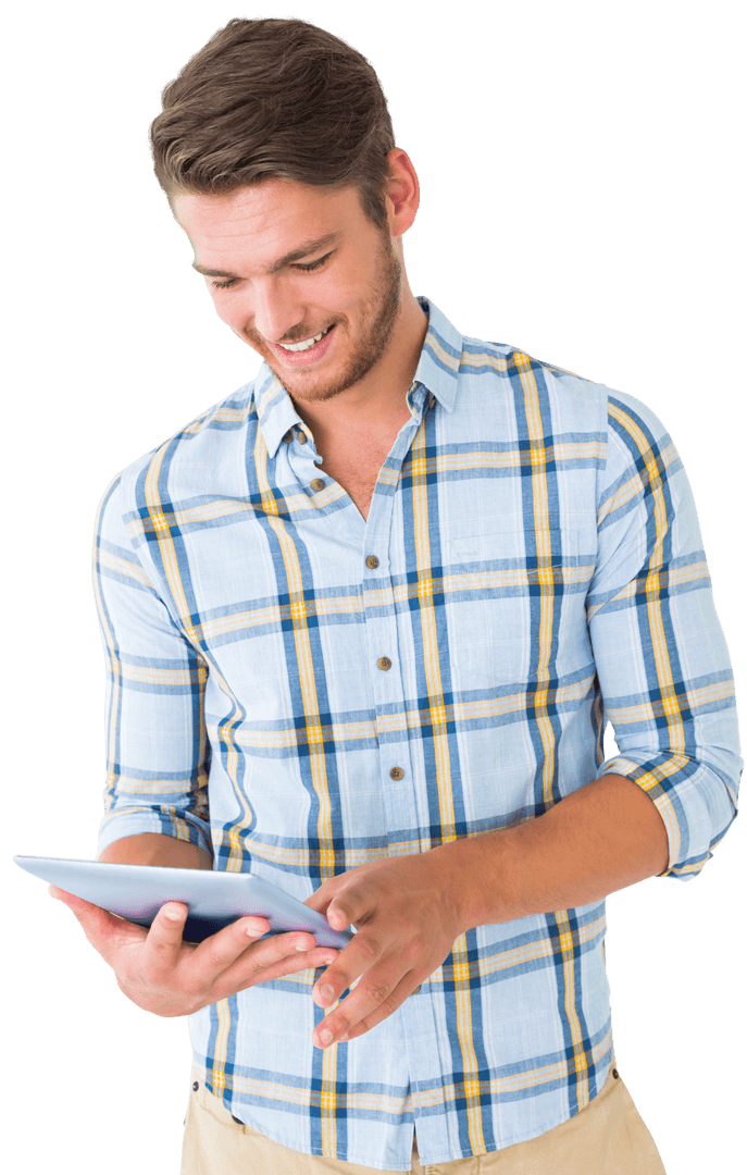 Happy Caucasian Man Using Tablet Computer Transparent Background