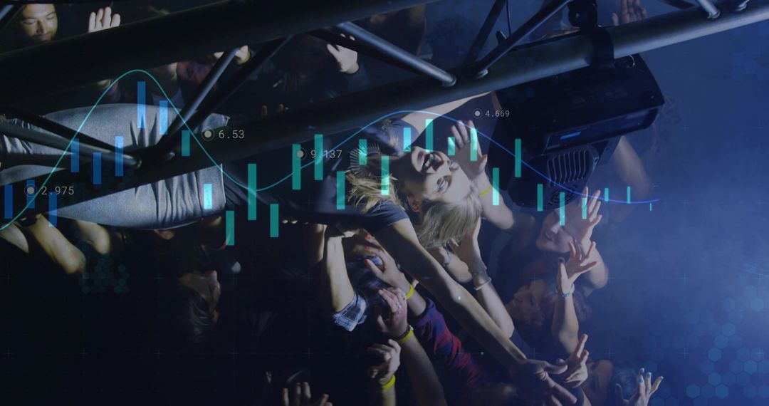 Crowdsurfing Woman Reaching Over Stage Truss with Speaker Blue Concert Data Overlay