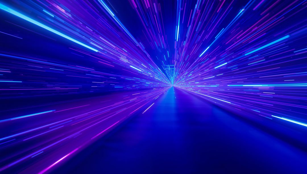 Dynamic Neon Lights Converging in Digital Corridor