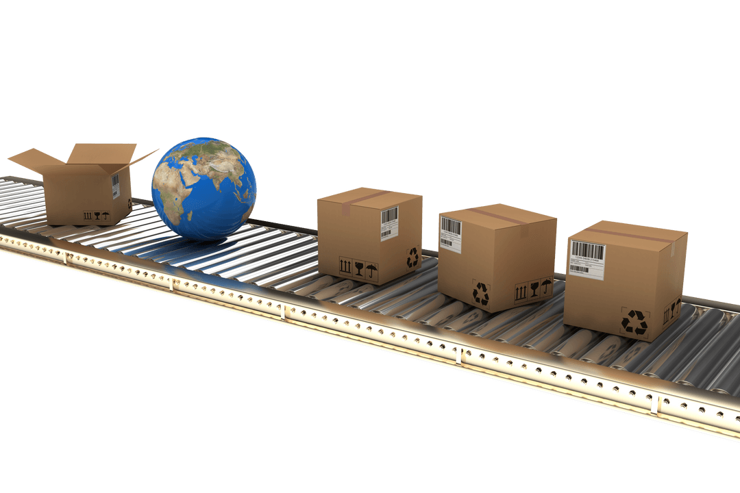 Transparent Cardboard Boxes and Globe on Conveyor Belt Imagery