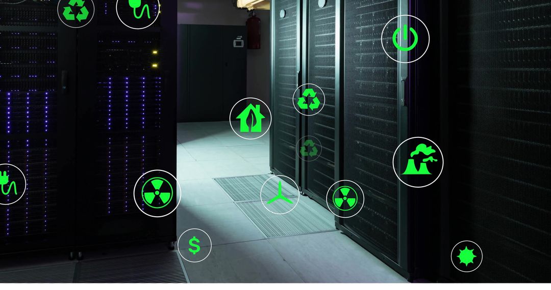 Eco-Friendly Technology Icons on Data Servers in Green Facility