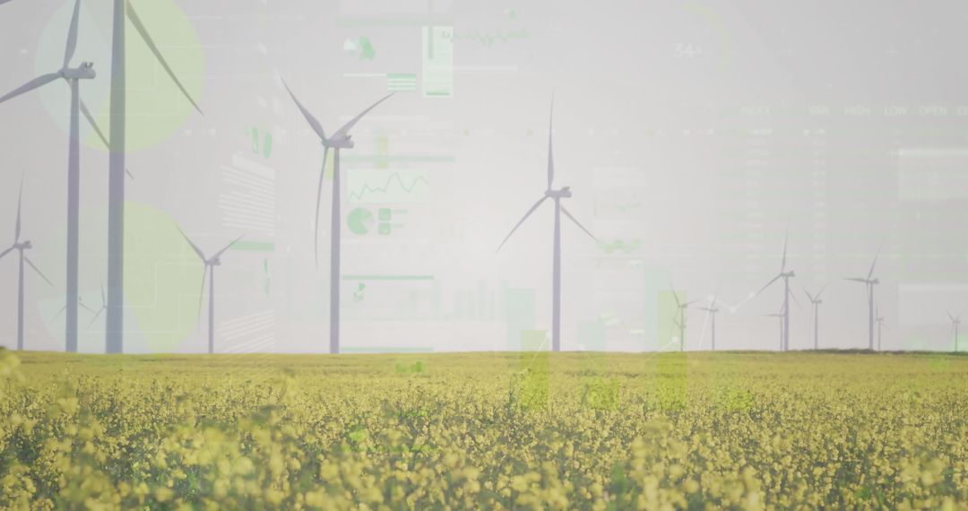 Wind Turbines Over Canola Field with Digital Chart Overlays