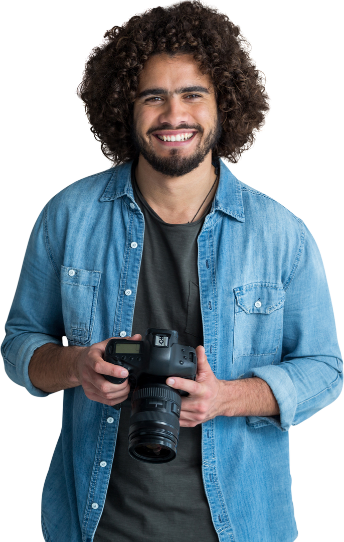 Portrait of Smiling Male Photographer with Medium Long Curly Hair and Camera Isolated on Transparent - Download Free Stock Images Pikwizard.com