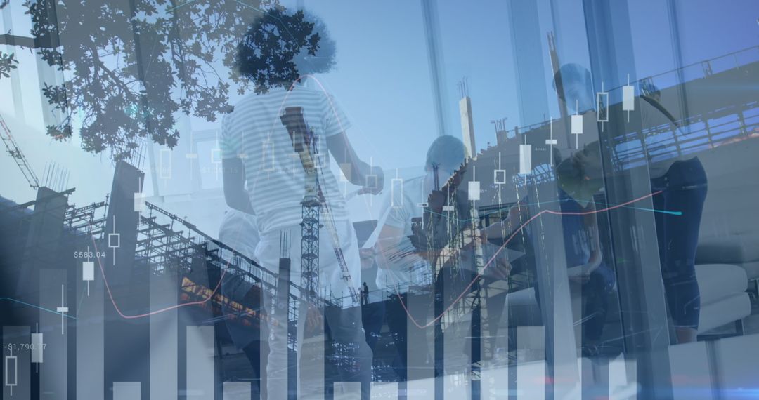 Dynamic Business Team Collaborating with Graphical Data Overlay