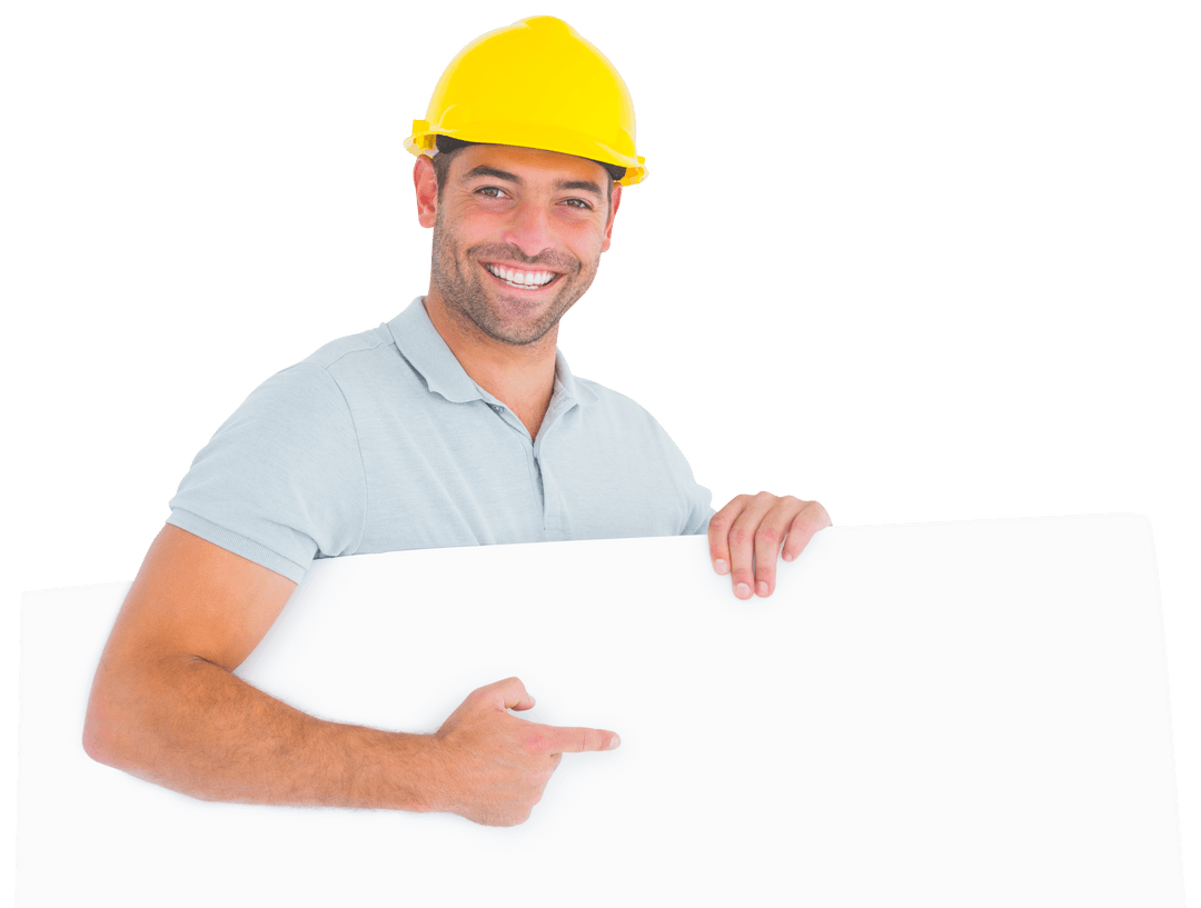Smiling Construction Worker Pointing at Blank Sign Transparent Background
