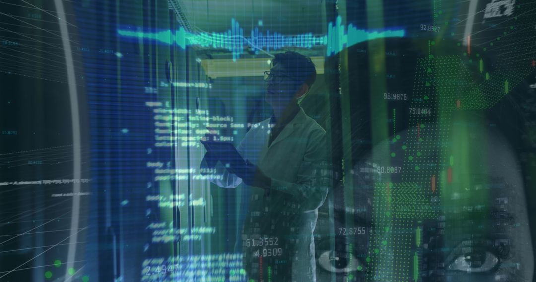 Data Engineer with Futuristic Holographic Display in Data Center