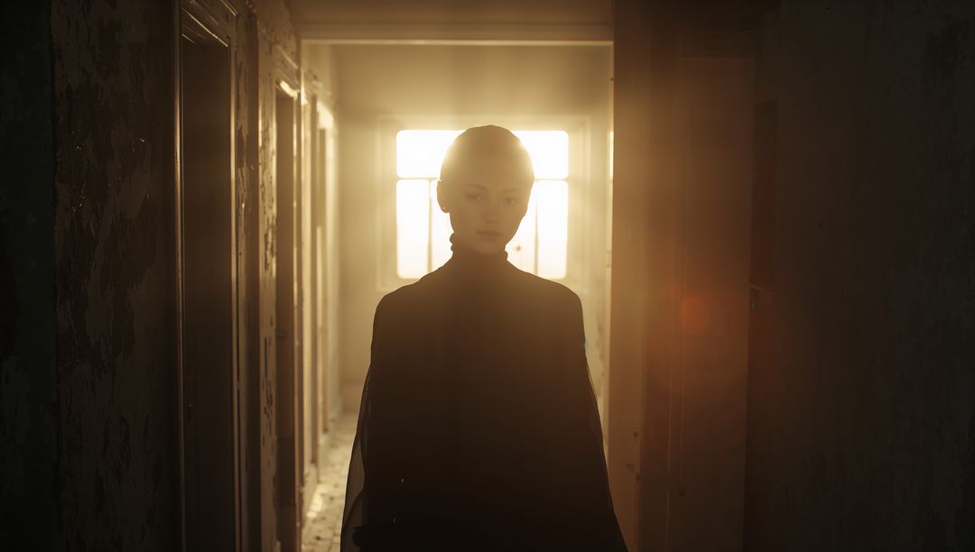 Backlit Silhouette Woman Standing in Abandoned Corridor with Window Flare and Moody Light