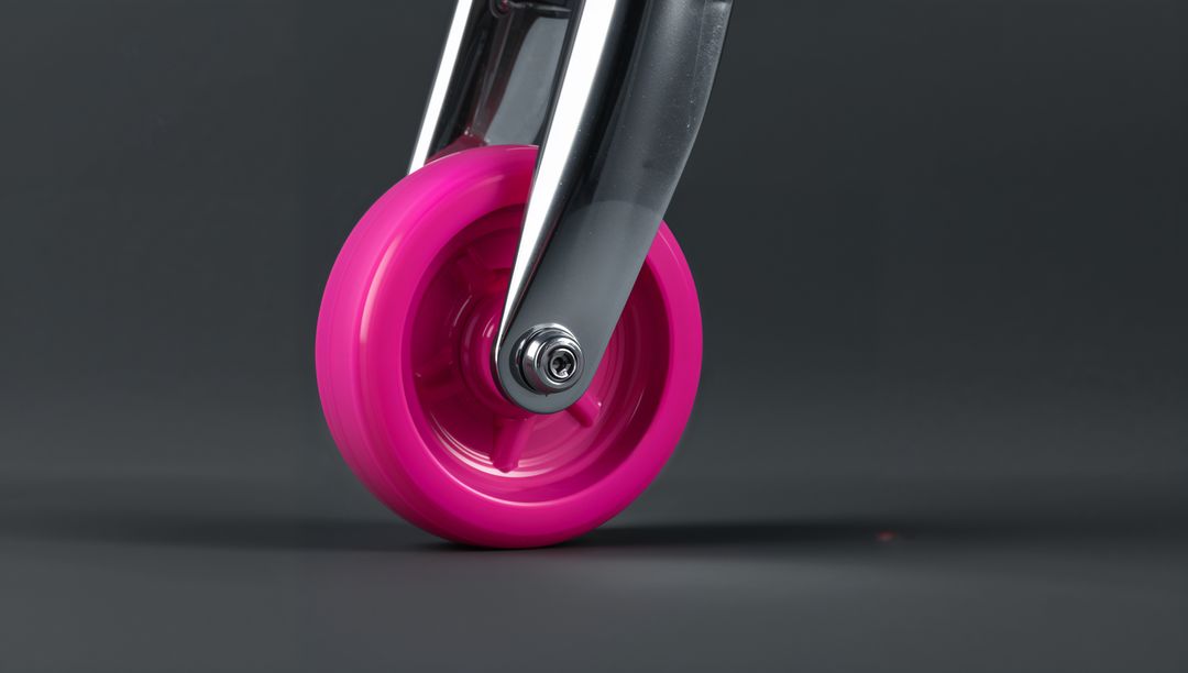 Magenta Caster Wheel and Polished Chrome Fork Closeup Showing Axle Bolt and Reflection