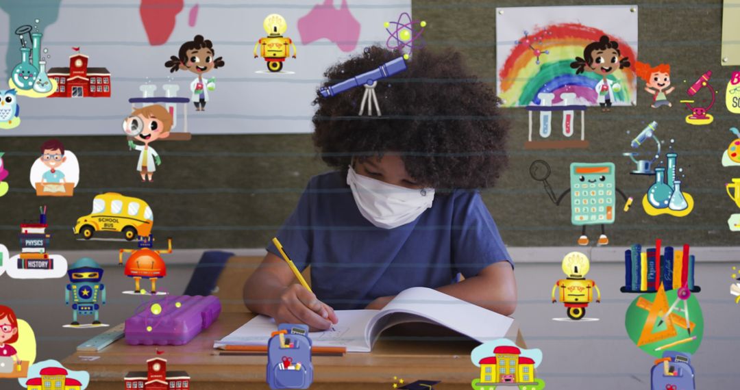 Child Learning in Classroom Surrounded by Educational Icons