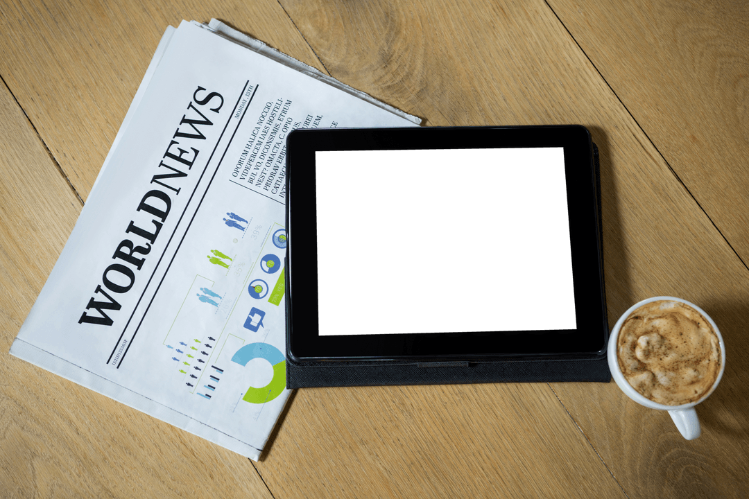 Transparent Tablet on Table with Newspaper and Coffee