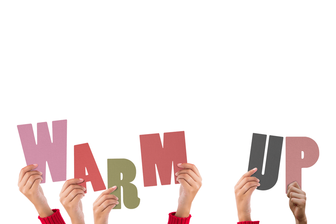 Hands Holding Colorful Transparent Letters WARM UP