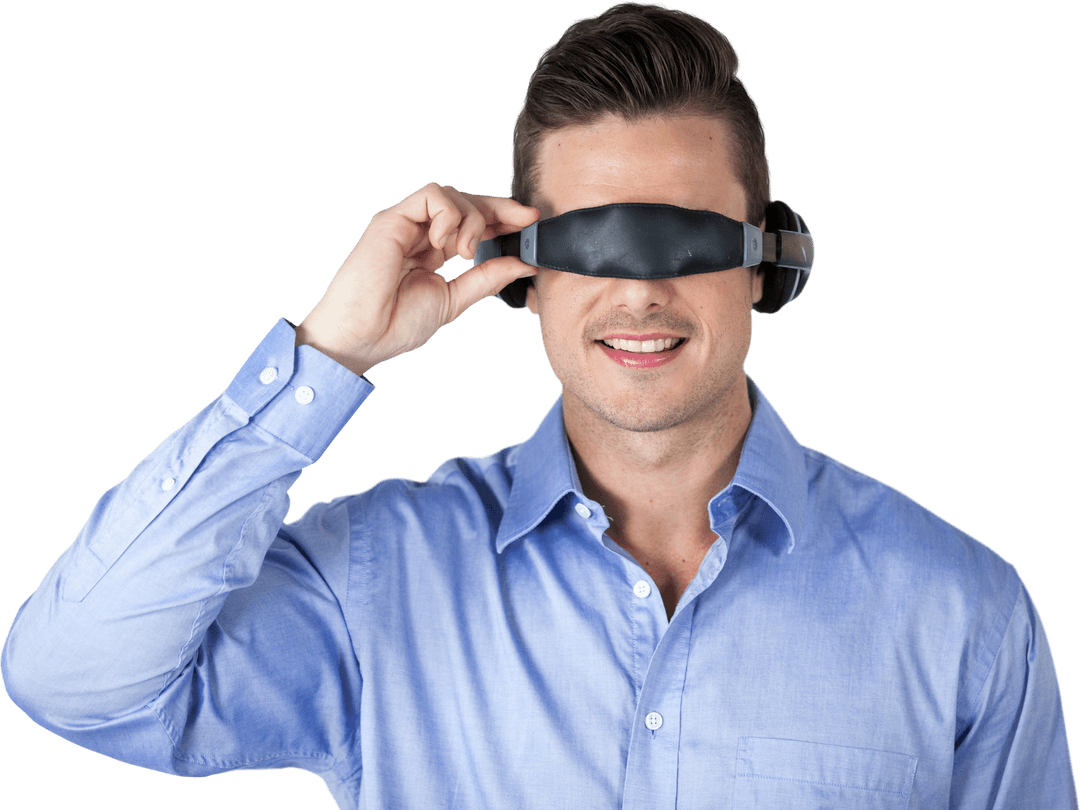 Smiling Man Wearing Futuristic Virtual Reality Headset on Transparent Background