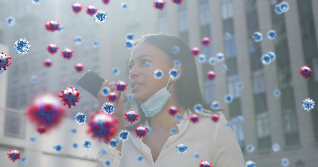 Woman Speaking on Phone Amidst Floating COVID-19 Cells