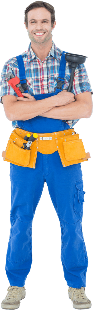 Transparent Smiling Plumber Holding Tools in Blue Overalls