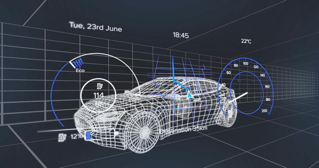 Wireframe Electric SUV Showing Futuristic HUD Telemetry, Navigation, Battery and Speed Data