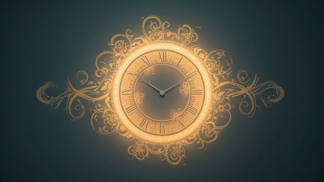 Glowing Ornate Clock with Golden Filigree on Dark Backdrop