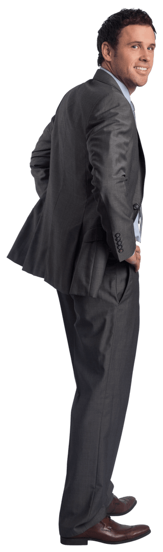 Transparent Smiling Businessman with Hands on Hips in Suit