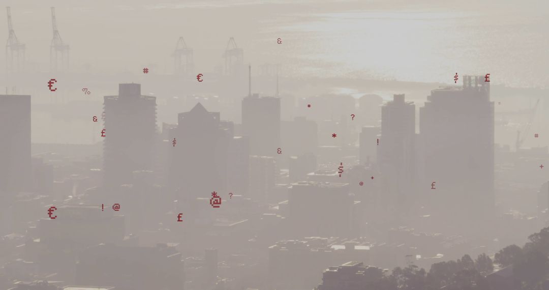 Hazy Urban Skyline with Currency Icons and Construction Cranes