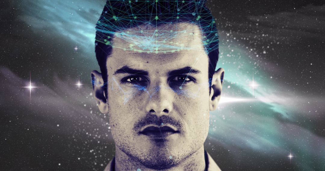 Contemplative Man with Futuristic Digital Overlay in Cosmic Space