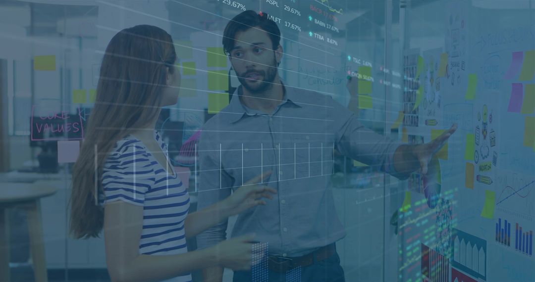 Team Brainstorming with Data Visualization Overlay in Modern Office