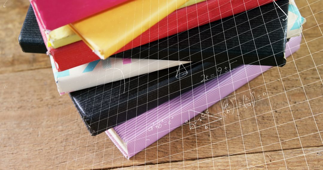 Educational Concept with Books and Floating Equations on Wooden Table