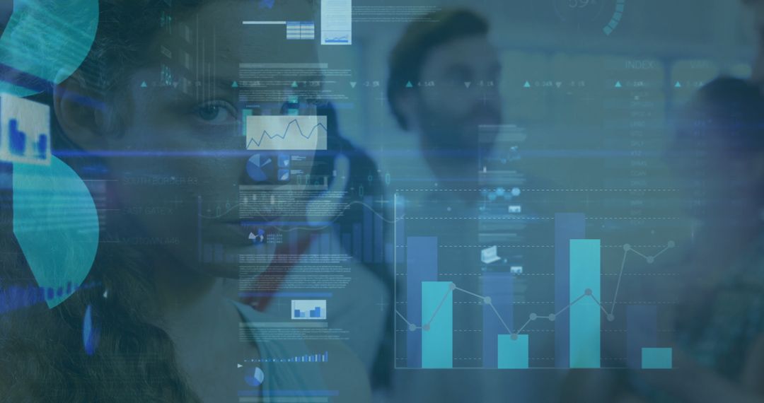 Businesswoman Analyzing Digital Charts on Transparent Screen