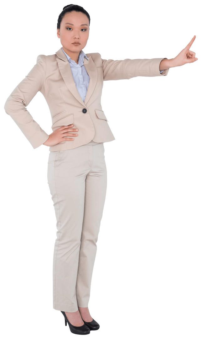 Serious Businesswoman Pointing for Direction on Transparent Background