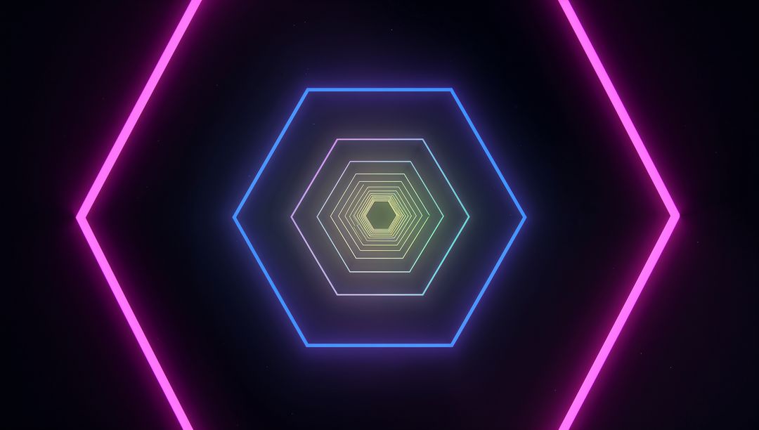 Glowing Concentric Neon Hexagons with Multicolored Depth